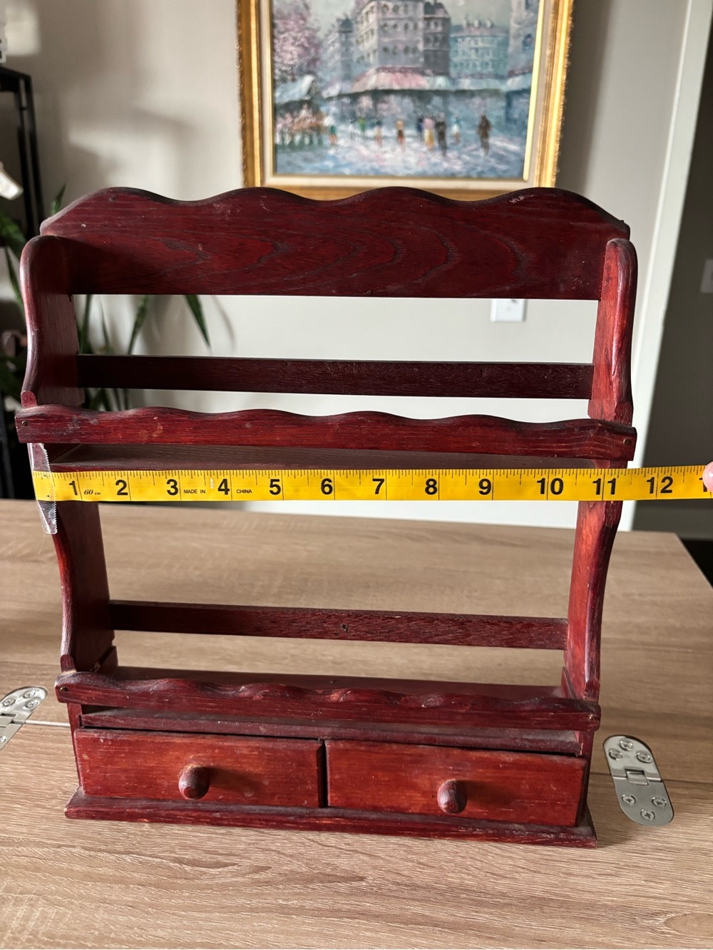 Vintage Handmade Red Solid Wood Spice Rack Shelf with Drawers - Picture 6 of 7